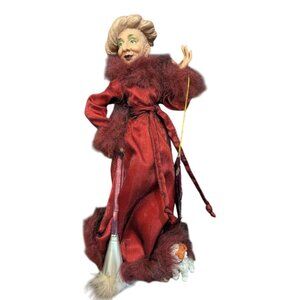 Possible Dreams 2003 Witch Figure Red Satin Coat Poodle Dog Broom Halloween 12"